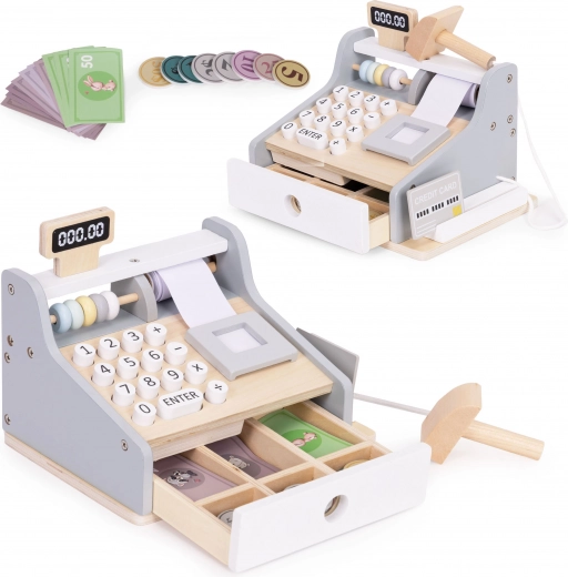 Дървен детски касов апарат със скенер, монети и платежна карта ECOTOYS