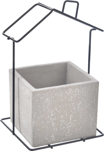 Grey concrete and metal house-shaped planter