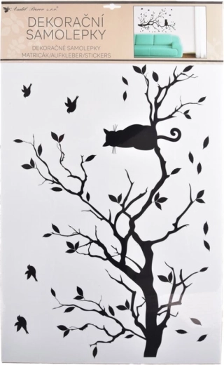 Стикер за стена клон с котка черен 60 × 42 см