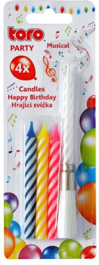 Singing cake candle with stand TORO Happy Birthday – set of 4 candles