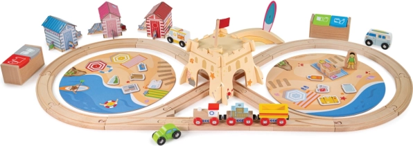 Дървена влакова писта BIGJIGS RAIL Почистване на крайбрежието, 70 части