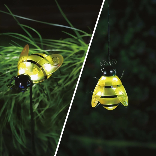 Solar garden LED bee lamp with ground stake and clip, yellow