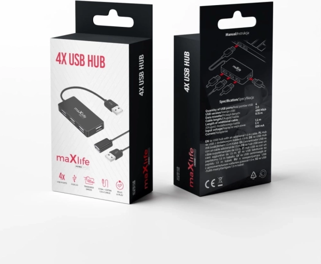Maxlife home office USB хъб (разклонител) 4× USB 2.0, черен, 1,5 м