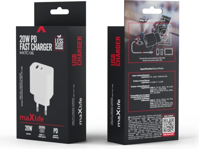 Maxlife Charger PD/QC 20 W, 1× USB‑C + 1× USB, white
