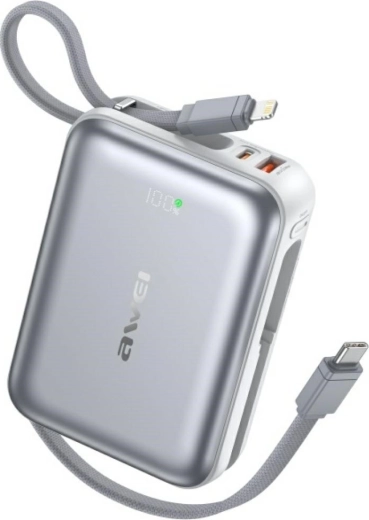 Пауърбанк AWEI 20000 mAh с бързо зареждане 45 W, USB‑A/USB‑C, вградени кабели Lightning и USB‑C, сребърен