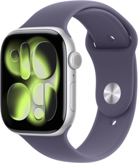 Apple Watch Series 11 GPS алуминиев корпус 46 мм сребрист със спортна каишка в млечно лилав цвят M/L