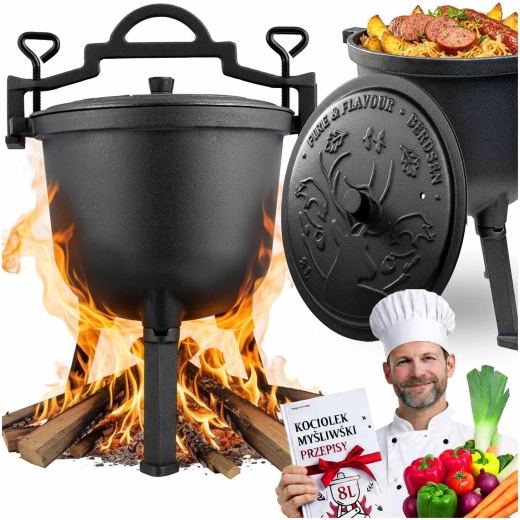 Cast iron cauldron 8 l for open fire and grill with legs and lid
