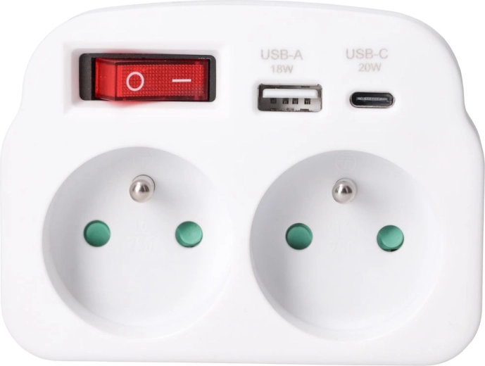 Solight socket adapter with 2 sockets, USB-A and USB-C fast charging up to 20 W PD, white