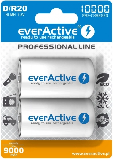 Акумулаторни батерии everActive R20/D Ni-MH 10000 mAh (2 бр.) готови за употреба
