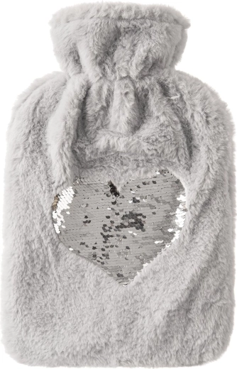 Grey 1.6 L hot water bottle with plush cover and sequin heart