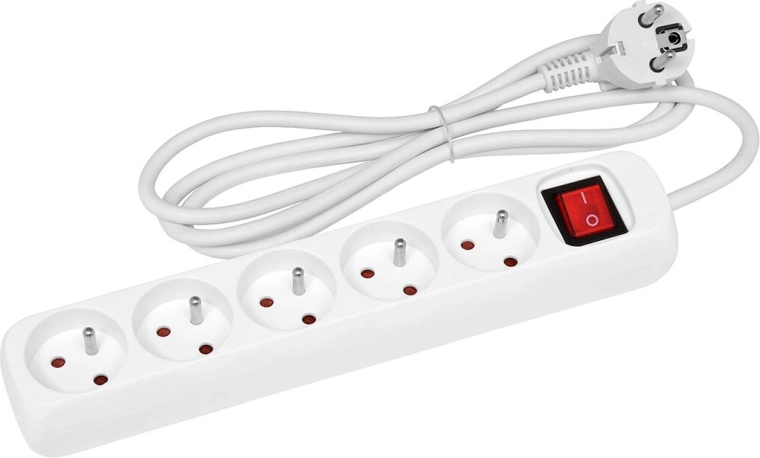 Extension power strip 3 m, 5 sockets with switch, white