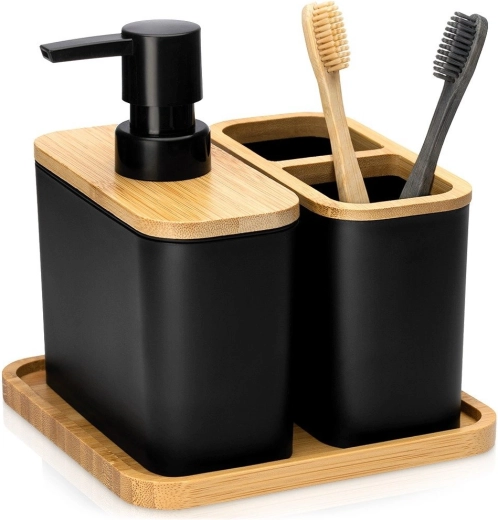 Vilde black bathroom set with bamboo, 3 pieces
