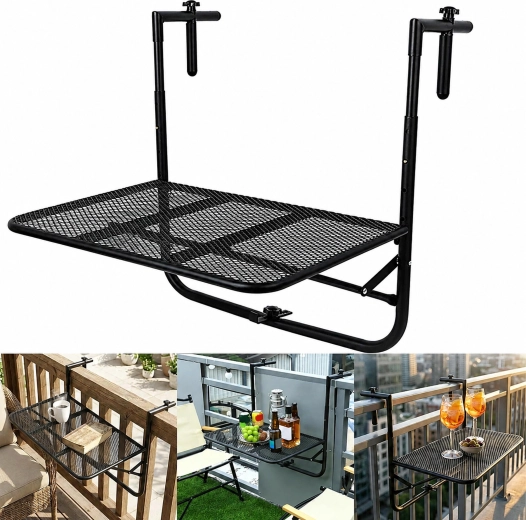 Foldable hanging balcony table for railing, adjustable, load capacity 30 kg