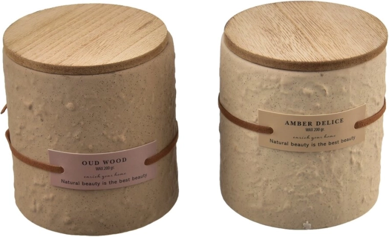 Decorative scented candle, ceramic and wood, 200 g (2 variants)