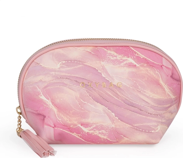 Round travel cosmetic bag with marble pattern, pink