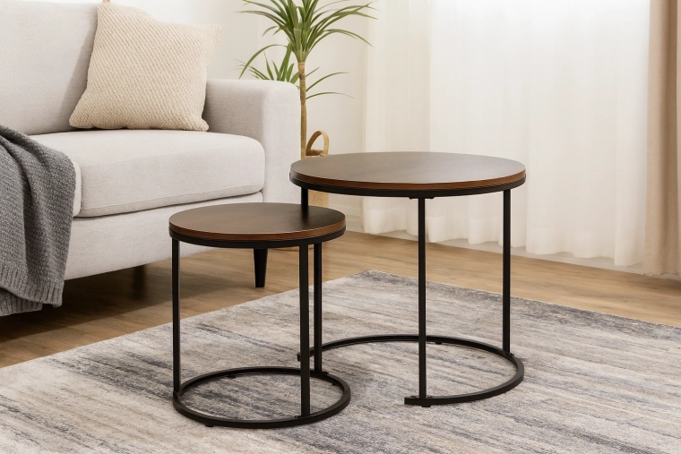 Two-piece round coffee table set with wood decor and black metal
