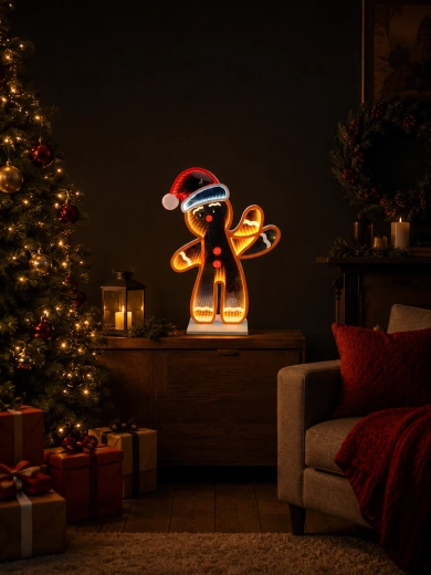 Коледна 3D декорация джинджифилово човече с огледален infinity LED ефект 50,9 см - 1 брой