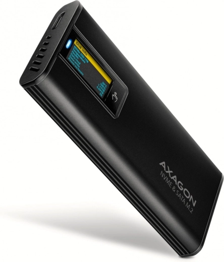 Axagon EEM2-SD2B външен алуминиев бокс за M.2 NVMe/SATA, USB-C 3.2 Gen 2, LED дисплей, черен