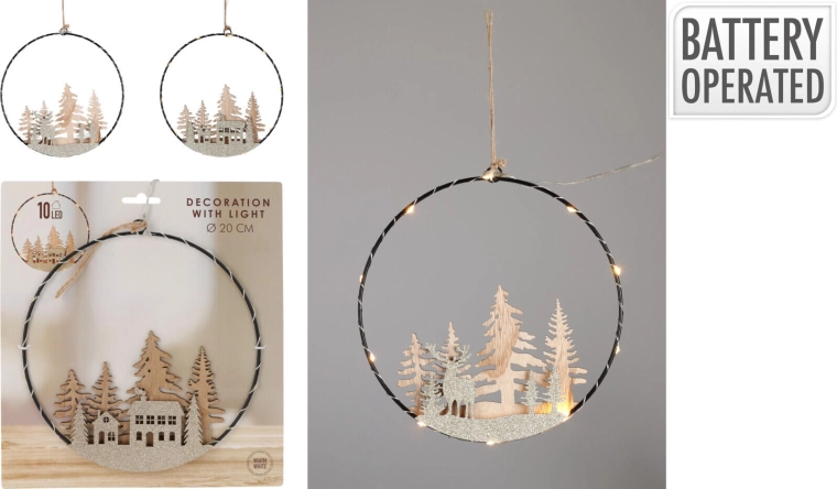 Hanging LED decoration circle 20 cm from poplar wood – warm white
