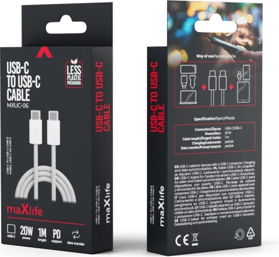 Maxlife найлонов кабел USB-C – USB-C 1 m 20 W сив
