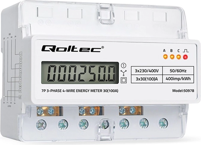 Трифазен електронен електромер за DIN шина, 400 V, 100 A, LCD и LED индикация