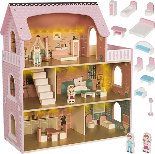 Kruzzel large wooden dollhouse with LED lighting and furniture (3 floors)