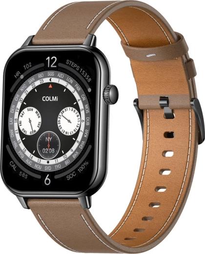 COLMI C28 Smartwatch (Black) with Brown Leather Strap