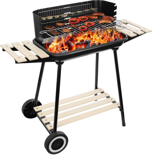 Garden charcoal grill on wheels with 3 shelves