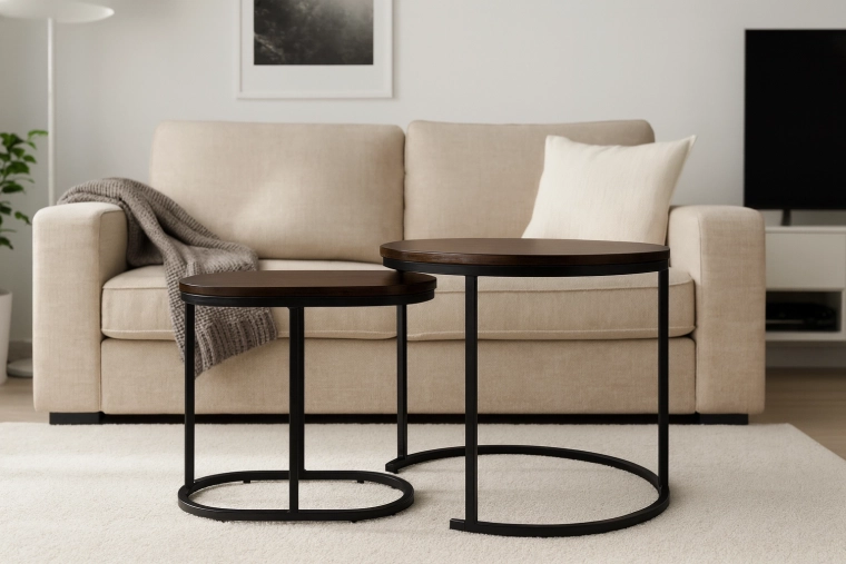 Set of two round and oval brown coffee tables