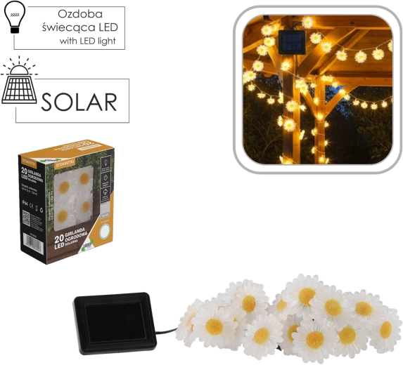Соларна градинска гирлянда маргаритки 20 LED, топло бяла, 2 + 3,8 м