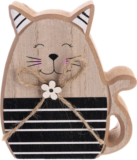 Wooden cat decoration, beige/black, 12 cm