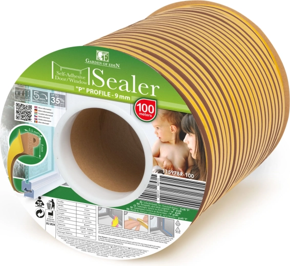 Self-adhesive insulating sealing tape for doors and windows, P profile, brown, 100 m