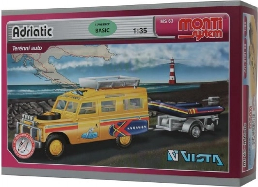 Строителен комплект Monti System MS 63 Adriatic Land Rover-ремарке с лодка/лодчица 1:35 в кутия 22x15x6см
