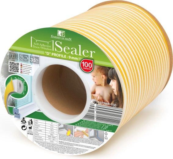 Self-adhesive sealing tape for doors and windows, D profile, white, 100 m