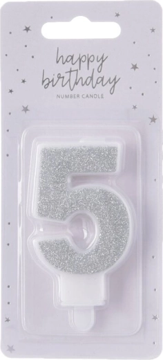 Тортова свещ цифра 5, сребърна, 7 см