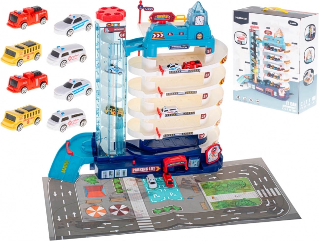 Многоетажен паркинг за колички с електрически асансьор, 5 нива + игрова подложка и 8 коли