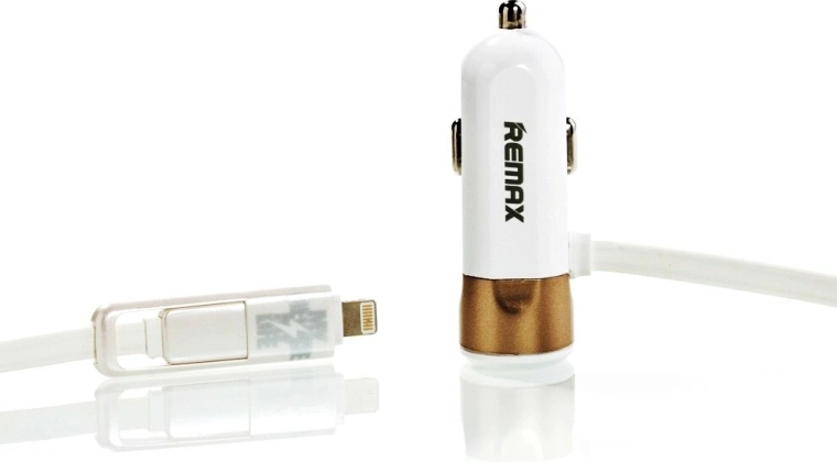 Remax car adapter for cigarette lighter 3.4 A with gold Lightning and micro‑USB cable
