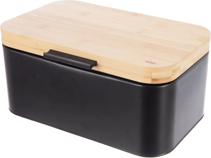 Black metal and bamboo bread bin 30 × 19.5 × 14.5 cm