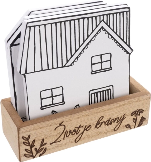 Wooden house-shaped coasters, white, set of 4