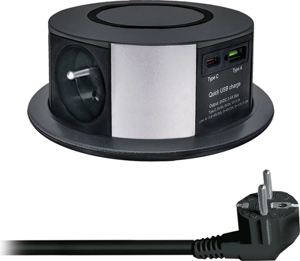 Solight изтеглящ се блок с контакти с 3 контакта, USB-A/USB-C PD 20 W и безжично Qi зареждане 10 W, 2 m, черен
