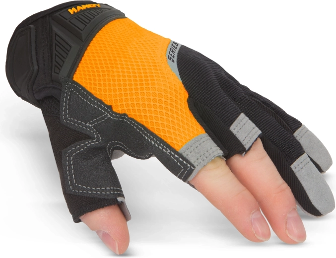 Protective gloves with a foam palm and three open fingers, size L