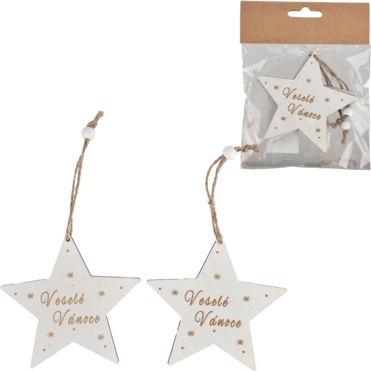 Hanging wooden Christmas star with “Merry Christmas” text, white, 2 pcs