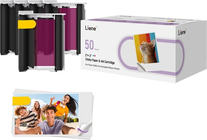 Liene 2×3" Self-Adhesive Photo Paper, 50 Sheets + 5 Ink Cartridges