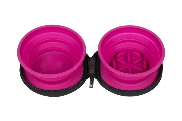 Пътна двойна купичка със slow feeder KIWI WALKER – розова, 2 бр.