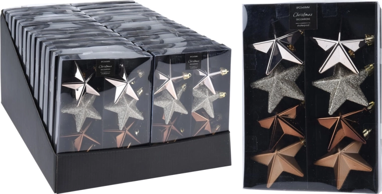 Christmas star ornaments 6.5 cm – mix of brown, gold, silver (8 pcs)
