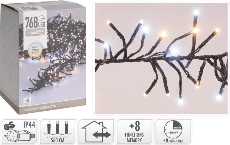 Коледен LED светлинен гирлянд 5,6 м, 768 LED, топло бяло, 8 функции, IP44, с таймер - 1 брой