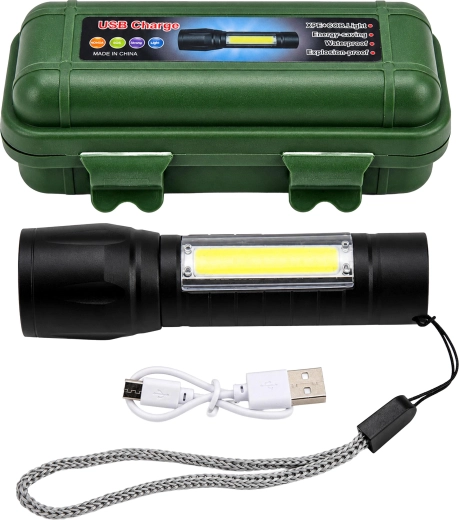 Tactical COB LED Flashlight with USB Charging, Zoom and Case
