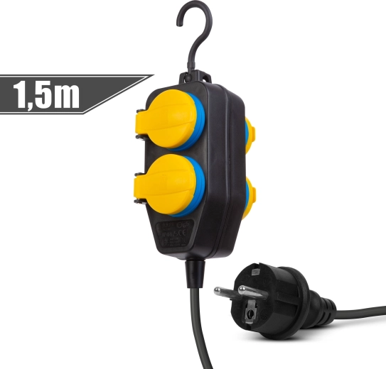 Outdoor extension cable with covers, 1.5 m, 4 sockets 230 V, IP44