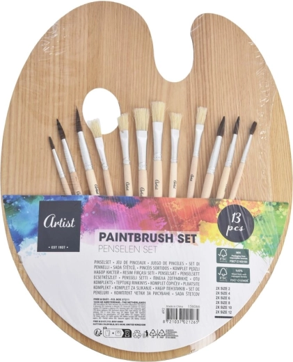 Wooden painting palette with a set of 12 brushes, 25 × 31 cm