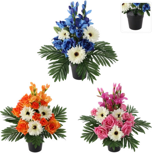 Artificial floral arrangement in a flowerpot 43 cm, mix of colors